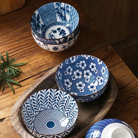 Gegong 6 Pack Ceramic Bowls, Japanese Style , 10 Ounces Thickening Blue and white porcelain Rice /Cereal Bowls for Kitchen, Suitable for microwave, ovens, dishwashers (mixing) Blue And White Kitchen, Ceramic Dish Set, Spaghetti Salad, Kitchen Bowl, Rice Cereal, Kitchen Bowls, Microwave Ovens, Blue And White Porcelain, Dishwashers