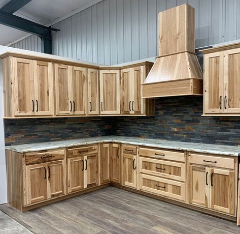 Pallet Kitchen Cabinets Farmhouse Style, Pine Cupboards Kitchen, Quartz Countertops With Hickory Cabinets, Diy Rustic Kitchen Cabinets, Shed Kitchen Ideas, Natural Hickory Kitchen Cabinets, Hickory Cabinets Kitchen, Rustic Hickory Kitchen Cabinets, Resurfacing Kitchen Cabinets