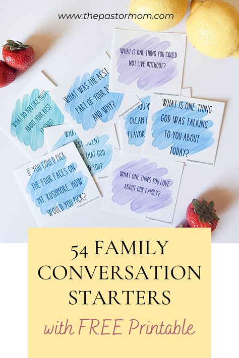 It's dinner time. Everyone is tired and whiny, but you want to encourage some meaningful Table Talks. How does a Mama turn things around to even start a family conversation? With fun family conversation starters. Here you will find 54 Dinner Questions for Families and a FREE printable. Christian Conversation Starters, Table Conversation Starters, Table Talk Questions, Family Conversation Cards, Thanksgiving Conversation Starters, Dinner Conversation Starters, Family Conversation Starters, Beautiful Word Bible, How To Pray Effectively