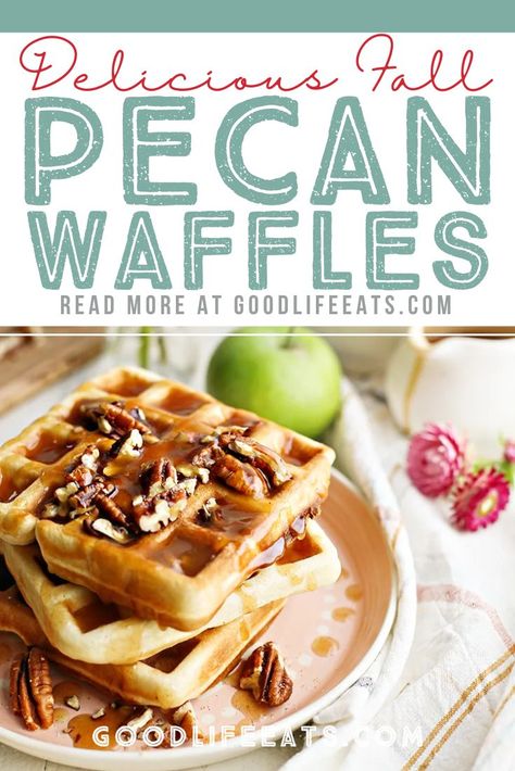 Pecan Waffles Recipe, Fancy Waffles, Pecan Waffle Recipe, Belgium Waffle Recipe, Waffle Batter Recipe, Dinner Waffles, Fall Waffles, Waffle Ideas, Easy Lunch Box Recipes