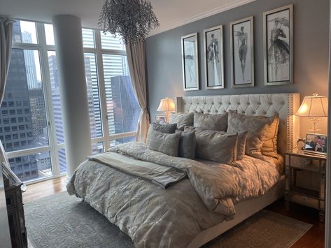 New York City apartment. Posh bedroom. Chandelier. Monochrome. Designer. Dream beds. Wall art. Grey interior. Dream bedroom. Fashion bedroom. Monochrome bedroom. King bedding. Bedroom goals. Posh Bedroom, Glamorous Bedrooms, Apartamento New York, New York Bedroom, City Bedroom, Luxury Apartments Interior, Luxury Bedrooms, Luxury Bedroom Decor, New York City Apartment