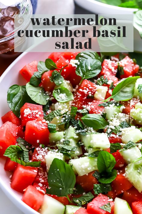 Watermelon Basil Salad, Watermelon Basil, Cucumber Basil, Basil Salad, Ways To Cook Chicken, Juicy Watermelon, Watermelon Salad, Low Cal Recipes, Low Calorie Snacks