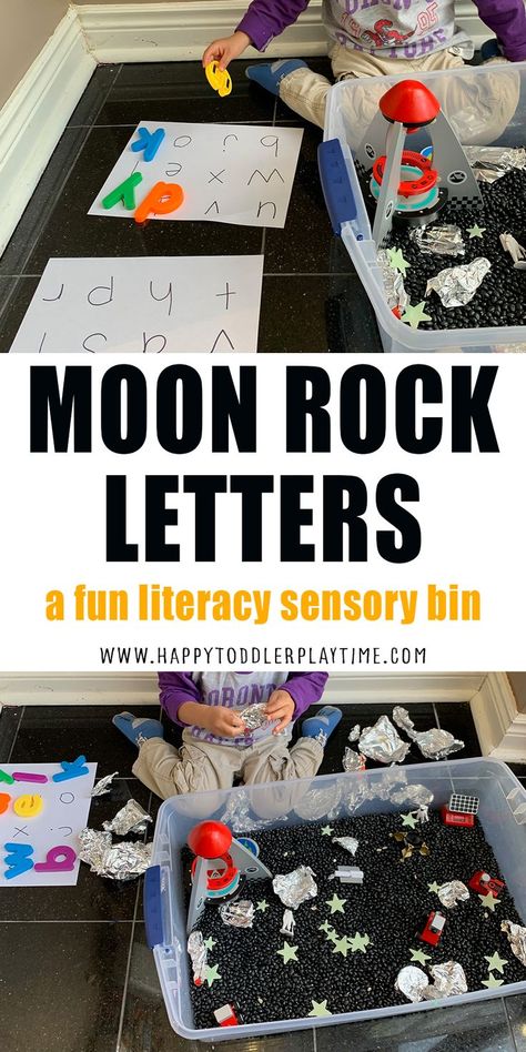 Moon Rock Letters is a super fun and easy to create space themed letter matching activity and sensory bin for toddlers and preschoolers. Rock Letters, Space Sensory Bin, Sensory Bin For Toddlers, Language Activities Preschool, Planets Activities, Space Theme Preschool, Moon Activities, Space Lessons, Space Activities For Kids