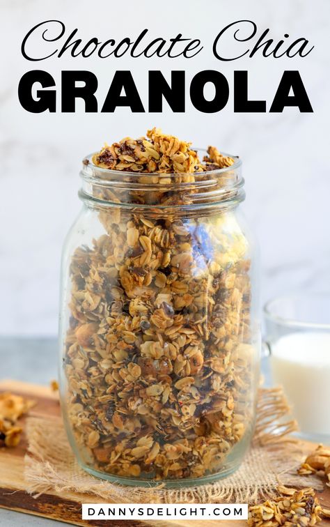 Looking to add a chocolaty twist to your morning routine? Dive into our delightful Chocolate Chia Granola recipe! Packed with the goodness of rolled oats, your choice of nuts, and a generous sprinkle of dark chocolate chips, this granola is the ultimate breakfast treat or on-the-go snack. Mix it up in just minutes, pop it in the oven, and voila! You've got yourself a crunchy, chocolaty delight that's bound to satisfy your cravings.  #GranolaRecipe #HealthySnack 🍫✨ Granola With Chia Seeds, Gourmet Granola Recipe, Chewy Granola Recipe, Overnight Granola, Chocolate Chip Granola Recipe, Chia Seed Granola, Oats Snack, Pistachio Granola, Chia Granola