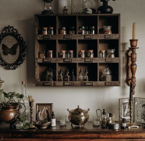 Apothecary Wall Shelf, In Home Apothecary, Witchy Art Room, Moody Apothecary Aesthetic, Kallax Apothecary, Apothecary Shelf Display, Apothecary Dining Room, Apothecary Office Decor, Witchy Apothecary Decor