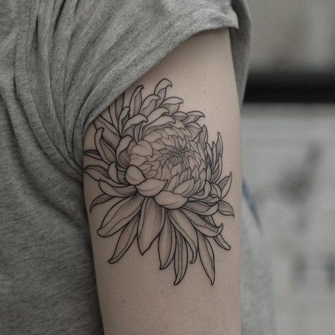 Dahlia Tattoos, Tattoo Flower Drawing, Dahlia Tattoo, Mum Tattoo, Black Line Tattoo, Purple Tattoos, Cuff Tattoo, Octopus Tattoo Design, Chrysanthemum Tattoo