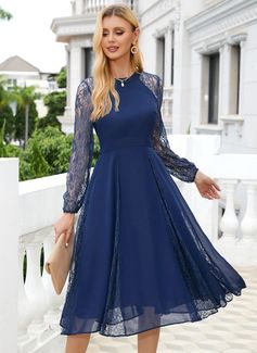 Round Neck Long Sleeves Elegant A-line Tulle Midi Dresses (295275800) - JJ's House Long Sleeve Tea Length Dress, Womens Polka Dot Dress, Confirmation Dresses, Christmas Elegant, Short Dress Styles, Prom Dresses Modest, Chiffon Midi Dress, Lace Chiffon, Satin Bridesmaid Dresses