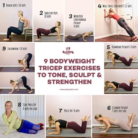 9 Bodyweight Tricep Exercises to Tone, Sculpt & Strengthen | PaleoPlan Exercises For Triceps, Tricep Workouts, Tricep Exercises, Lose Thigh Fat, Bodyweight Exercises, Hiit Training, Simple Exercises, Lower Abs Workout, Triceps Workout