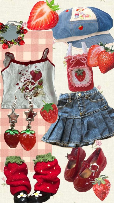 Strawberry Shortcake Shirt Outfit, Food Inspired Outfits, Fruit Themed Outfits, Strawberry Inspired Outfit, Strawberry Aesthetic Outfit, Strawberry Outfit Aesthetic, Strawberry Shortcake Clothes, Juminocore Outfit, Fruit Outfit