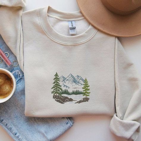 Forest Pine Trees and Mountains Lake Embroidered Sweatshirt, Fall Sweatshirts Sweatshirt And Shirt Outfit, Embroidered Mountains, Pine Tree Embroidery, Mountain Clothes, Embroidery Sweaters, Forest Embroidery, Mountain Embroidery, Shirt Outfit Ideas, Hoodie Embroidery