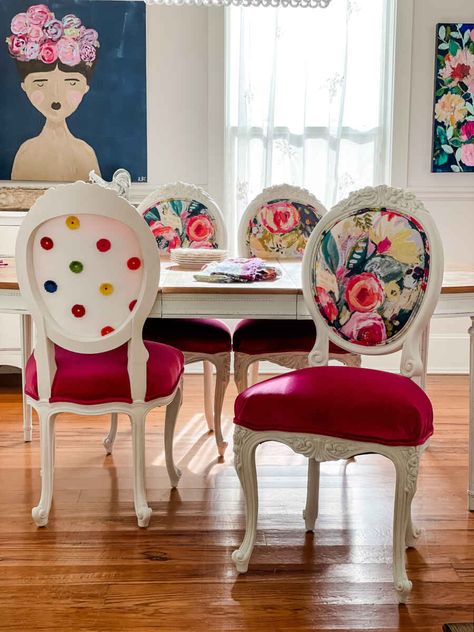 Chair Reflections from 2021 Reupholster Chair Diy, Pink Dining Chairs, Chaise Restaurant, Chairs Diy, Chair Diy, Chair Inspiration, Reupholster Chair, Custom Chair, Chair Makeover