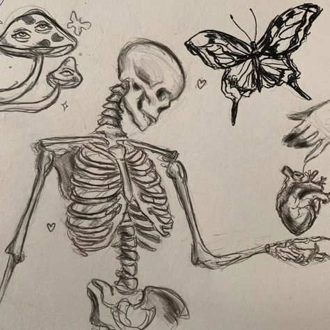 Drawing Inspo Skeleton, Skeleton Drawing Aesthetic, Sketch Skeleton, Skeleton Art Drawing, Human Skull Drawing, Skeleton Drawing, Sketchbook Artist, Skeleton Drawings, Trippy Drawings