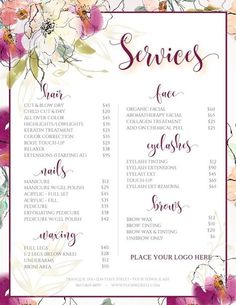 Spa Nails Hair Salon Services Template | Salon Services, Salon Menu inside Best Salon Menu Templates Salon Menu Design, Salon Services Menu Ideas, Menu Spa, Hair Salon Business, Salon Price List, Spa Menu, Custom Menu, Eyelash Tinting, Menu Designs