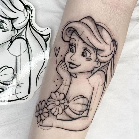 Ariel Tattoo, Disney Inspired Tattoos, Little Mermaid Tattoo, Disney Sleeve Tattoos, Mermaid Tattoo Designs, Pin Up Girl Tattoo, Small Girly Tattoos, Disney Princess Tattoo, Princess Tattoo