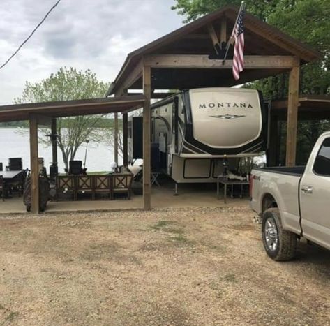 Travel Trailer Covered Porch, Camper Cover Ideas, Camper Carport Ideas, Trailer Parking Pad Ideas, Rv Covered Parking Carport Designs, Camper Pavilion, Camper Parking Pad Ideas At Home, Camper Cover With Porch, Rv Parking Pad Ideas Backyard