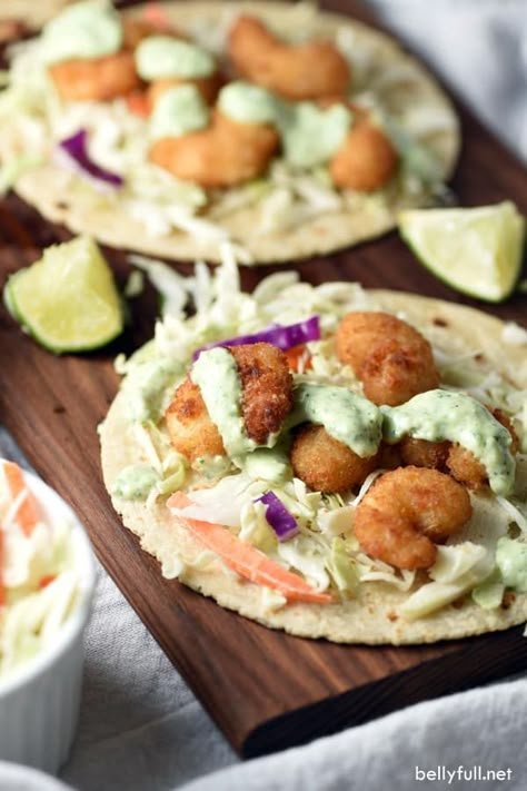 These Popcorn Shrimp Tacos with Cilantro Lime Sauce are so delicious and a lifesaver for busy weeknights! Popcorn Shrimp Tacos, Shrimp Taco Recipes, Homemade Corn Tortillas, Cilantro Lime Sauce, Popcorn Shrimp, Grilled Shrimp Recipes, Lime Sauce, Shrimp Tacos, Shrimp Recipe