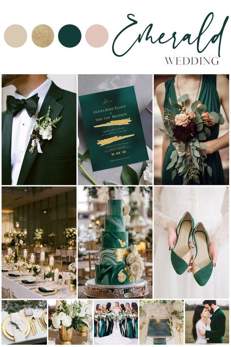 Wedding Color Schemes Green, Wedding Color Schemes Gold, Green And Gold Color Palette, Green Fall Weddings, Emerald Wedding Colors, Emerald Green Wedding Theme, Green And Gold Wedding, Wedding Theme Color Schemes, Green Gold Weddings