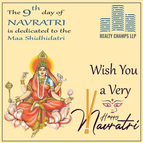 The 9th day of Navratri is dedicated to the Maa Shidhidatri. #HappyNavratri #RealtyChamps 9th Day Of Navratri, Navratri Quotes, Navratri Images, Happy Navratri, Very Happy, Iphone Wallpaper, Life Quotes, Comic Book Cover, Book Cover