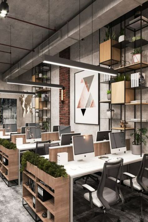 Innovative Office Space, Company Design Office, Industrial Look Office, Industrial Office Interior Design, Office Industrial Design, Open Office Concept, Modern Industrial Office Design, Industrial Interior Design Office, Designers Office