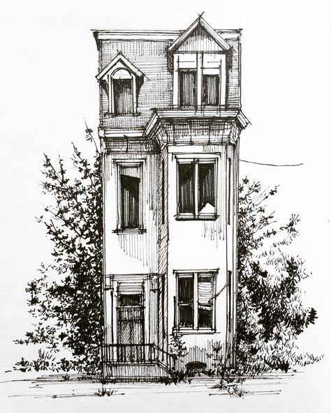 House Drawing - Pen & Ink, on ArtStation at https://www.artstation.com/artwork/LRwKK0 Hatching Drawing Building, Ink Art Buildings, Pen Drawings Of Buildings, Ink House Drawing, Pen Art Work Building, Pen Building Drawing, Ink And Pen Drawing, Pen Drawing Building, Ink Architecture Drawing