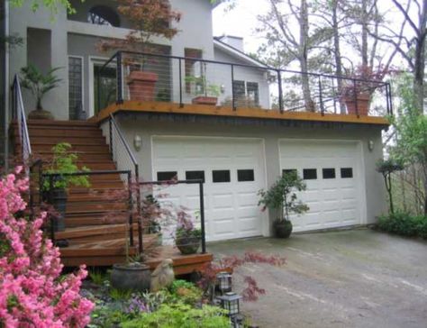 Balcony over Garage | Deck Over Garage Handrail | If I had an ... Balcony Over Garage, Deck Over Garage, Flat Roof Shed, Garage Deck, Roofing Design, Garage Roof, Building A Porch, Pergola Attached To House, Pergola Design