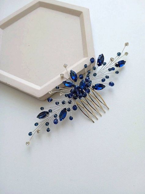 Navy Blue Hair Comb Royal Blue Hair Comb Wedding Hair Accessories Navy Blue Hair Piece Silver and Blue Side Hair Comb Blue Bridal Comb - Etsy Navy Blue Wedding Hair Accessories, Blue Hair Clips Wedding, Royal Blue Prom Accessories, Blue Wedding Hair Pieces, Navy Blue Hair Accessories, Light Blue Hair Accessories, Blue Prom Accessories, Prom Hair Pieces, Blue Hairpiece