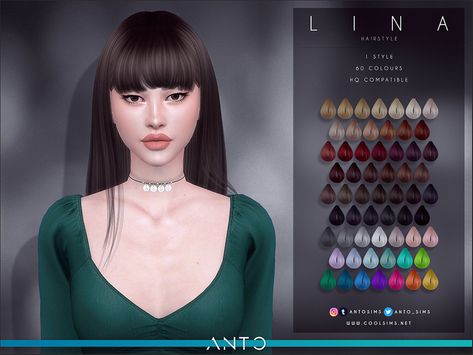 Sims 4 — Anto - Lina (Hairstyle) by Anto — Long straight hair with fringe Hair With Fringe, Ts4 Hair, Cc Hair, Pelo Sims, Sims 4 Cc Makeup, Free Sims, Sims 4 Teen, Sims Four, Sims4 Clothes