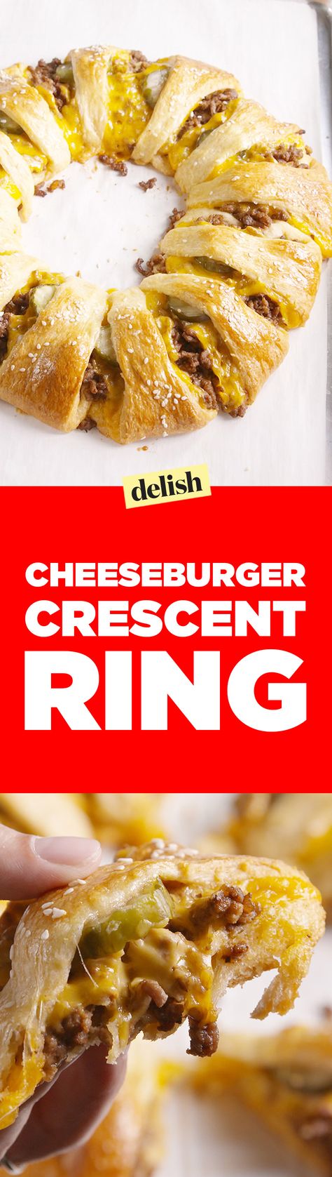 This cheeseburger crescent ring is the smartest way to feed your hungry squad. Get the recipe on Delish.com. Harvest Sandwiches, Crescent Recipe, Cheeseburger Ring, Ring Recipes, Crescent Ring Recipes, Burger Board, Taco Ring, Yom Teruah, Crescent Recipes