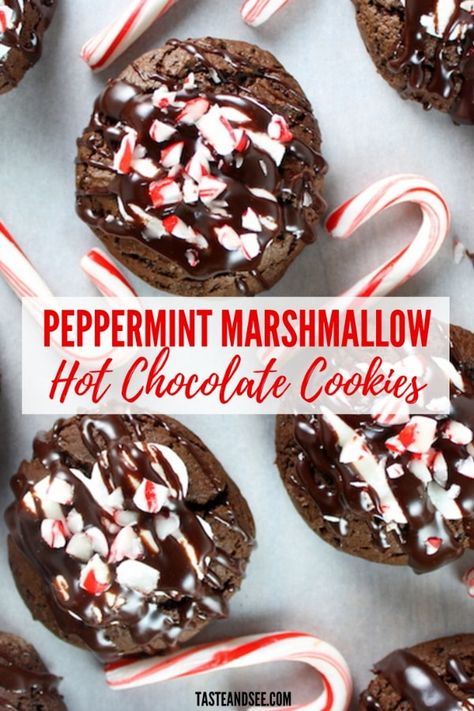 Hot Chocolate Cookie Recipes, Marshmallow Hot Chocolate, Peppermint Dessert, Chocolate Marshmallow Cookies, Hot Cocoa Cookies, Peppermint Marshmallows, Marshmallow Cookies, Christmas Baking Recipes, Hot Chocolate Cookies