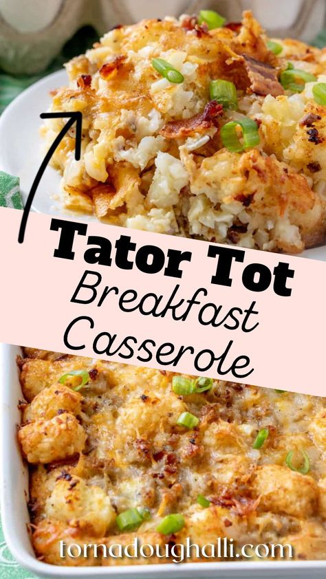 Full of tater tots, bacon, cheese and sausage this Tater Tot Breakfast Casserole from Tornadough Alli is a hearty breakfast dish that feeds a crowd and is 100% delicious! It's so easy to put together and is great on busy mornings or for brunch on a special occasion! Tot Breakfast Casserole, Tater Tot Breakfast Casserole, Best Breakfast Casserole, Tater Tot Breakfast, Breakfast Casserole Sausage, Tater Tots, Breakfast Recipes Casserole, Bacon Cheese, Breakfast Brunch Recipes