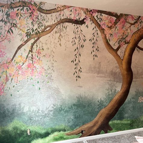 Under the Tree Wallpaper Flowering Tree With Willow Branches - Etsy Australia Bedroom Wallpaper Mural, Tree Wallpaper Bedroom, Branches Wallpaper, Tree Bedroom, World Map Wall Decal, Asian Wall Art, Field Wallpaper, Flowering Tree, Nursery Wall Murals