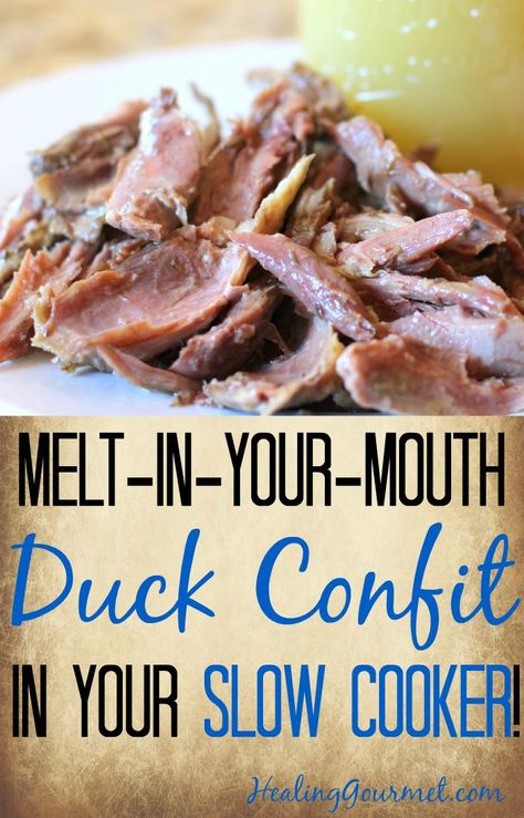 Looking for a super-simple duck confit recipe? You’ve come to the right place.  If you’re familiar with duck confit (pronounced con-FEET), you already know that it practically melts in your mouth, is loaded with flavor, and can elevate even the most urbane dishes to gourmet status.  But duck confit doesn’t just taste great – it can also be a health-promoting dish that is rich in belly-flattening, disease-fighting monounsaturated fats. Slow Cooker Duck, Duck Confit Recipe, Nutritional Healing, Confit Recipes, Goose Recipes, Keto Easy, Festive Appetizers, Duck Confit, Wild Game Recipes