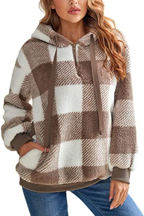 Womens Sherpa, Oversize Pullover, Plaid Pullover, Teddy Coat, Vintage Plaid, Long Sleeve Plaid, Drawstring Hoodie, Hooded Sweater, Styl Vintage