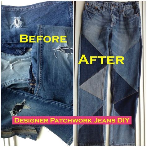 Designer Patchwork Jeans Remake: 8 Steps (with Pictures) Patchwork Jeans Diy, Jeans Skirt Outfit, Jeans Hem, Jeans Cuff, Denim Patchwork Jeans, Remake Clothes, Diy Pants, Denim Ideas, Fabric Scissors