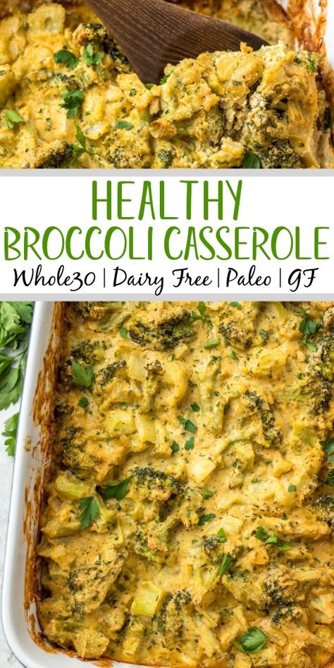 This healthy broccoli casserole recipe is perfect for an easy vegetable side dish for a weeknight dinner, or for a family holiday gathering like Easter! It's keto, Paleo, dairy free, Whole30 and vegetarian, so everyone can enjoy. It can be made with fresh broccoli, or is a great way to use frozen broccoli! The dairy free cheese sauce is quick to make, creamy and delicious! #healthybroccolicasserole #healthyeasterrecipes #dairyfree #whole30 #vegetablerecipes Healthy Broccoli Cheese Casserole, Whole 30 Vegetable Sides, Easy Casserole Recipes Dairy Free, Casserole Recipes For Dinner Dairy Free, Healthy Broccoli Rice Casserole, Dairy Free Keto Casserole, Non Dairy Vegetable Side Dishes, Non Dairy Casseroles, Whole 30 Frozen Meals