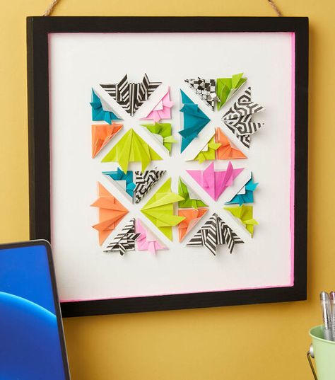 How To Make Origami Wall Art Online | JOANN Wall Decor Origami, Origami Framed Wall Art, Origami Wall, Origami Quilt, Origami Wall Art, Discounts For Teachers, Skeleton Decorations, Fabric Wreath, How To Make Origami