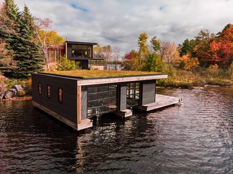 Photo 3 of 39 in Best Exterior Boathouse Photos from A Hybrid Prefab in Ontario Drinks In its Lakeside Locale - Dwell Corrugated Metal Siding, Lakefront Living, Country Cottage Decor, Metal Siding, Architectural Practice, Lake Cottage, Floating House, Patio Interior, Houseboat