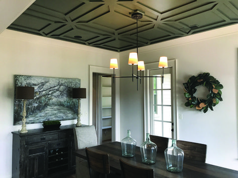 Small Recessed Lighting, Modern Coffered Ceiling, Coffered Ceiling Dining Room, Modern Kitchen Ceiling, Warm Modern Kitchen, Kitchen Ceiling Design, Custom Dining Room, Accent Ceiling, Shiplap Ceiling