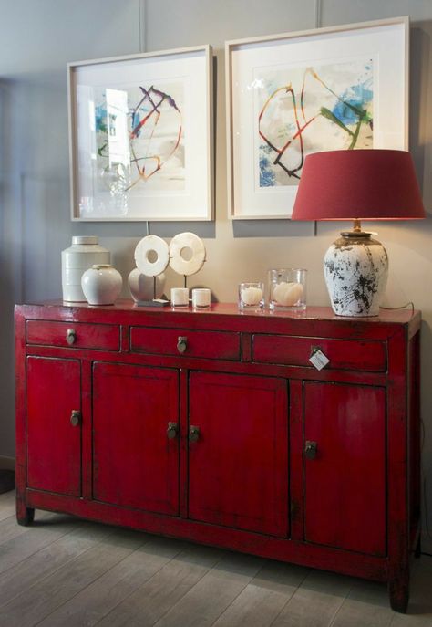 Sideboard Decor, Red Furniture, Red Decor, Asian Decor, Home Upgrades, Shabby Vintage, Flipping Furniture, Home Interiors, Cool Furniture