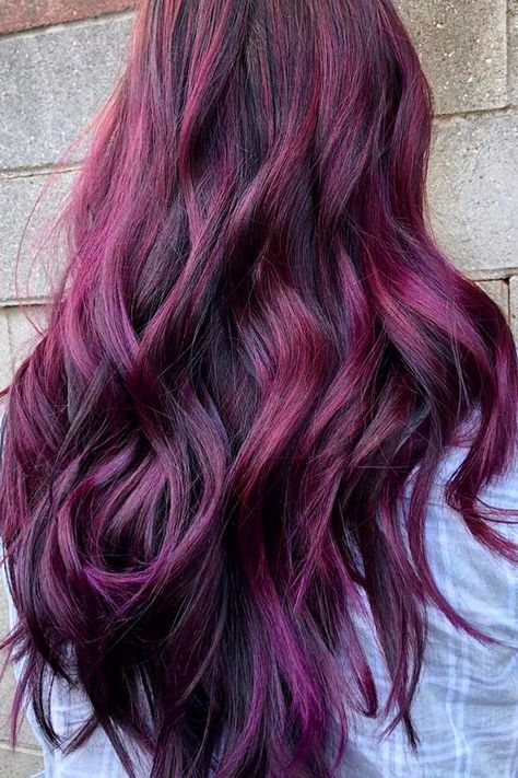 Eggplant Hair Color With Highlights, Warm Purple Hair, Cherry Balayage, Plum Balayage, Plum Hair Color Ideas, Ashy Highlights, Eggplant Hair, Plum Hair Color, Purple Hair Color Ombre