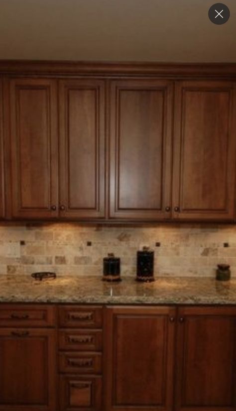 Backsplash Cherry Cabinets, Beige Backsplash, Cherry Cabinets, Wet Bars, Bungalow House, Bungalow House Design, Makeover Ideas, Kitchen Makeover, Kitchen Designs