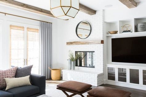 Studio McGee.  Off center fireplace built in option. Off Center Fireplace, Family Room Reveal, White Brick Fireplace, Living Room Built Ins, Living Room Reveal, White Brick, Living Room Remodel, Family Room Design, Brick Fireplace