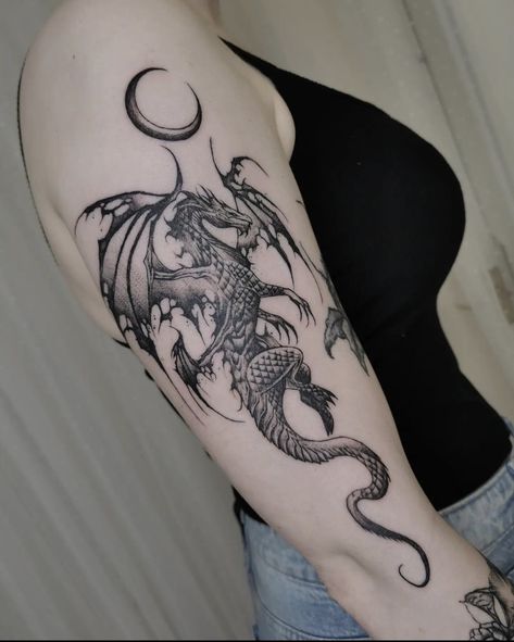 Fantasy Dragon Tattoo Sleeve, Dragon Tattoo Fantasy Mythical, Dragon Tattoo European, Medium Dragon Tattoo, Cool Dragon Tattoos For Women, Dragon Half Sleeve Tattoo For Women, Dark Rib Tattoo, Tattoo Ideas Mystical, Line Work Arm Tattoo