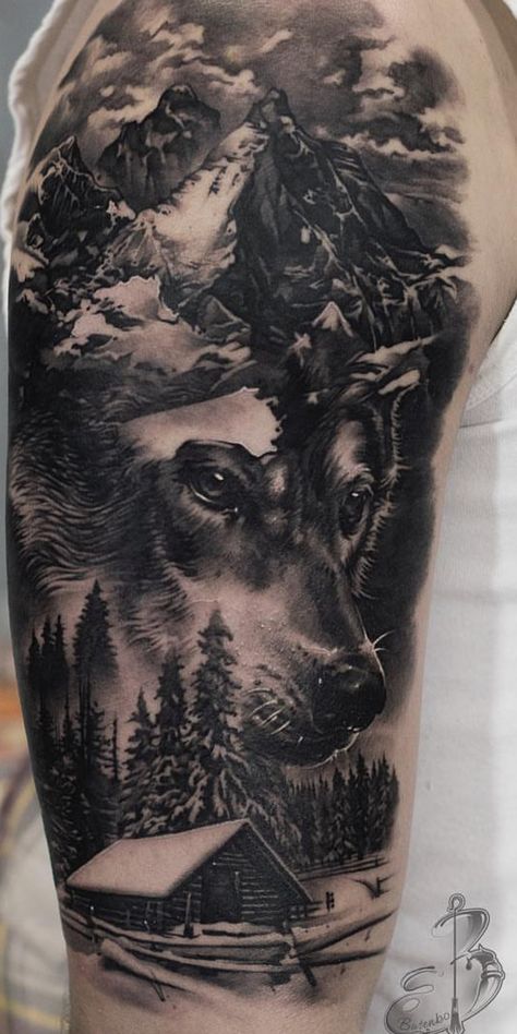 Realism Deer Tattoo, Wild Animals Tattoo, Realism Wolf Tattoo, Forest Mountain Tattoo, Wolf Forest Tattoo, Mountain Sleeve Tattoo, Cabin Tattoo, Cool Nature Tattoos, Natur Tattoo Arm