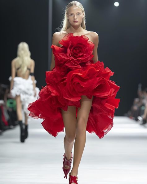 Red Dress With Roses, Red Carpet Dresses Short, Red Dress Fashion, Red Runway, Red Flower Dress, Red Ball Gown, Gala Dress, Maxi Shift Dress, Aesthetic Dress