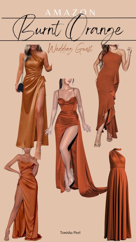 Burnt Orange Dress For Wedding Guest, Rust Orange Wedding Guest Dress, Terracotta Wedding Dress Guest, Burnt Orange Bridesmaid Dresses Fall, Fall Bridemaids Dresses, Burnt Orange Wedding Guest Outfit, Tan Wedding Guest Dress, Burnt Orange Dress Outfit Wedding Guest, Earth Tones Wedding Guest Dress