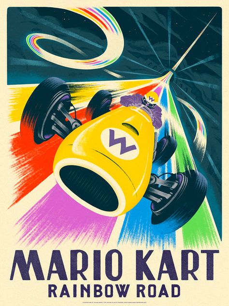 Mario Kart Rainbow Road Print Mario Kart Art, Mario Kart Rainbow Road, Rainbow Road Mario Kart, Vintage Monaco, Koopa Troopa, Julian Baker, Modern Vintage Art, Retro Games Poster, Rainbow Road