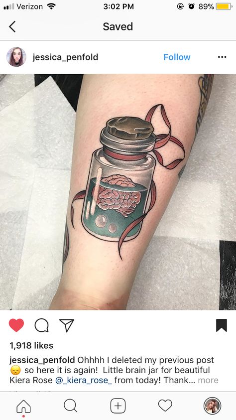 Specimen Jar Tattoo, Brain In A Jar Tattoo, Brain In A Jar, Jar Tattoo, Horror Sleeve, Awesome Tattoos, In A Jar, I Tattoo, Cool Tattoos