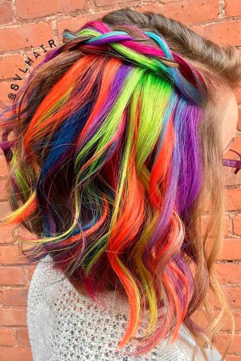 Peekaboo Hair Color Ideas, Rainbow Dyed Hair, Colored Locks, Peekaboo Hair Color, Face Play, Hidden Rainbow Hair, Hair Lights, Peekaboo Hair Colors, Peekaboo Hair