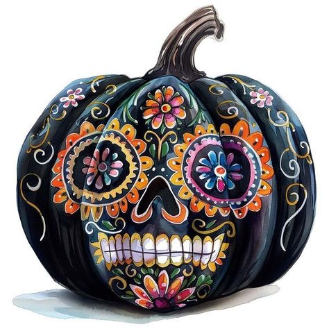 Pumpkin Painting Ideas Mexican, Sugar Skull Pumpkin Painting, Sugar Skull Pumpkin, Pumpkins Watercolor, Sugar Skull Painting, Halloween Pumpkin Crafts, Hand Painted Pumpkin, Pumpkin Contest, Day Of The Dead Art